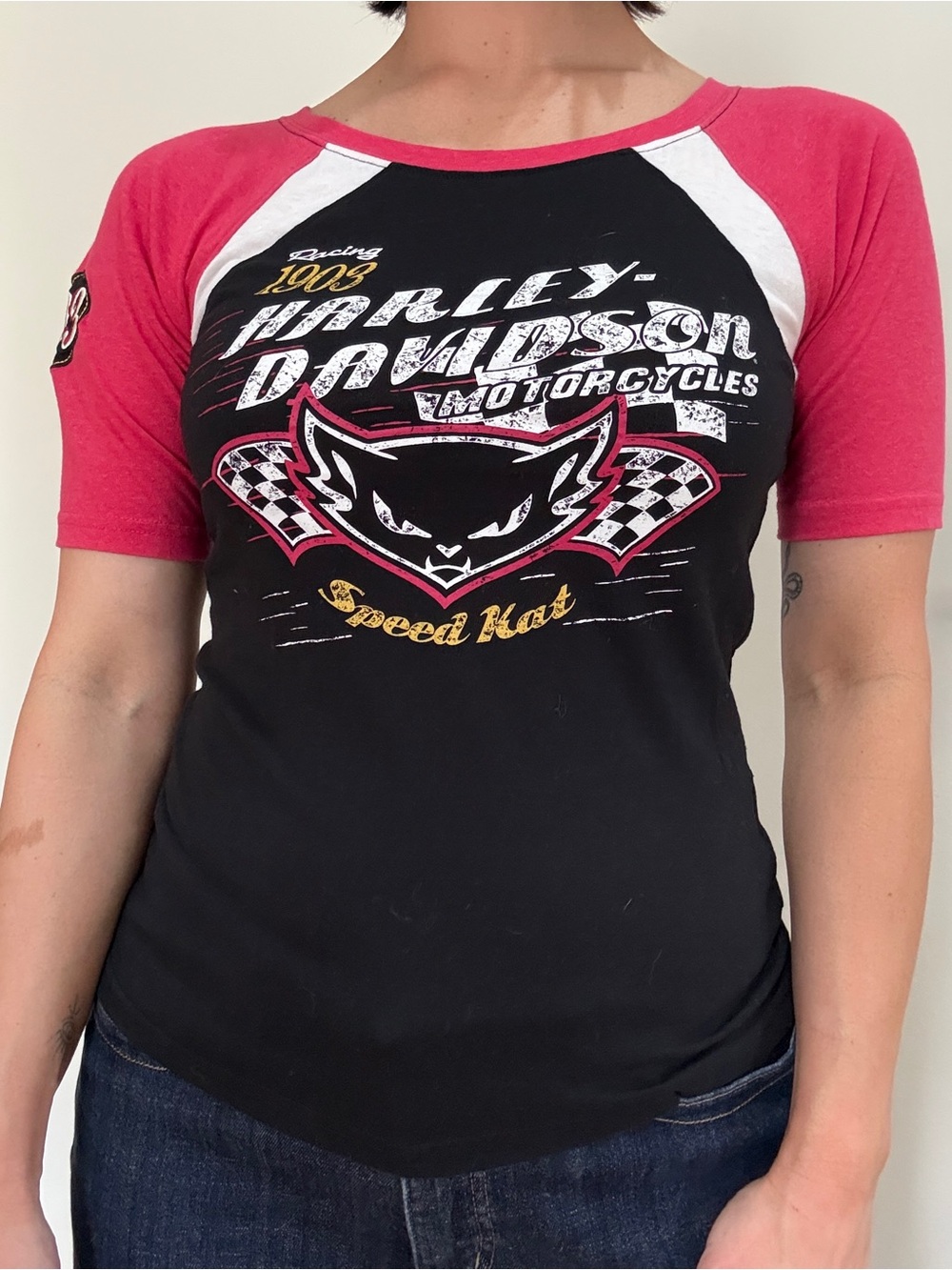 Harley-Davidson Black & Pink 'Speed Kat' Raglan Tee S